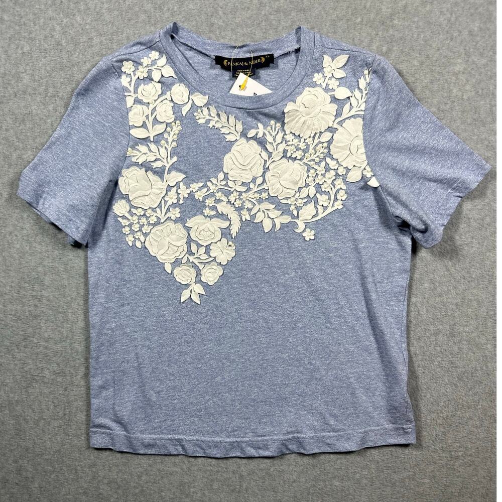Pankaj & Nidhi Pullover T-Shirt Women's Size XS Blue Floral Short Sleeves NWT